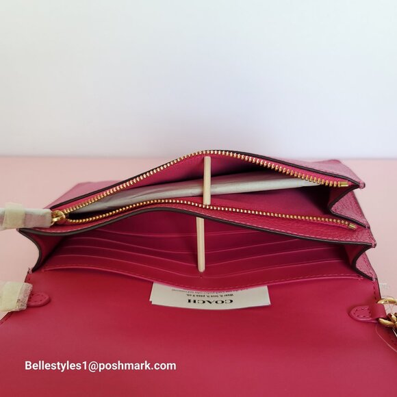 COACH Anna Pebbled Leather Fold-over Clutch Crossbody With Chain- Bold Pink ⭐ - Picture 13 of 16